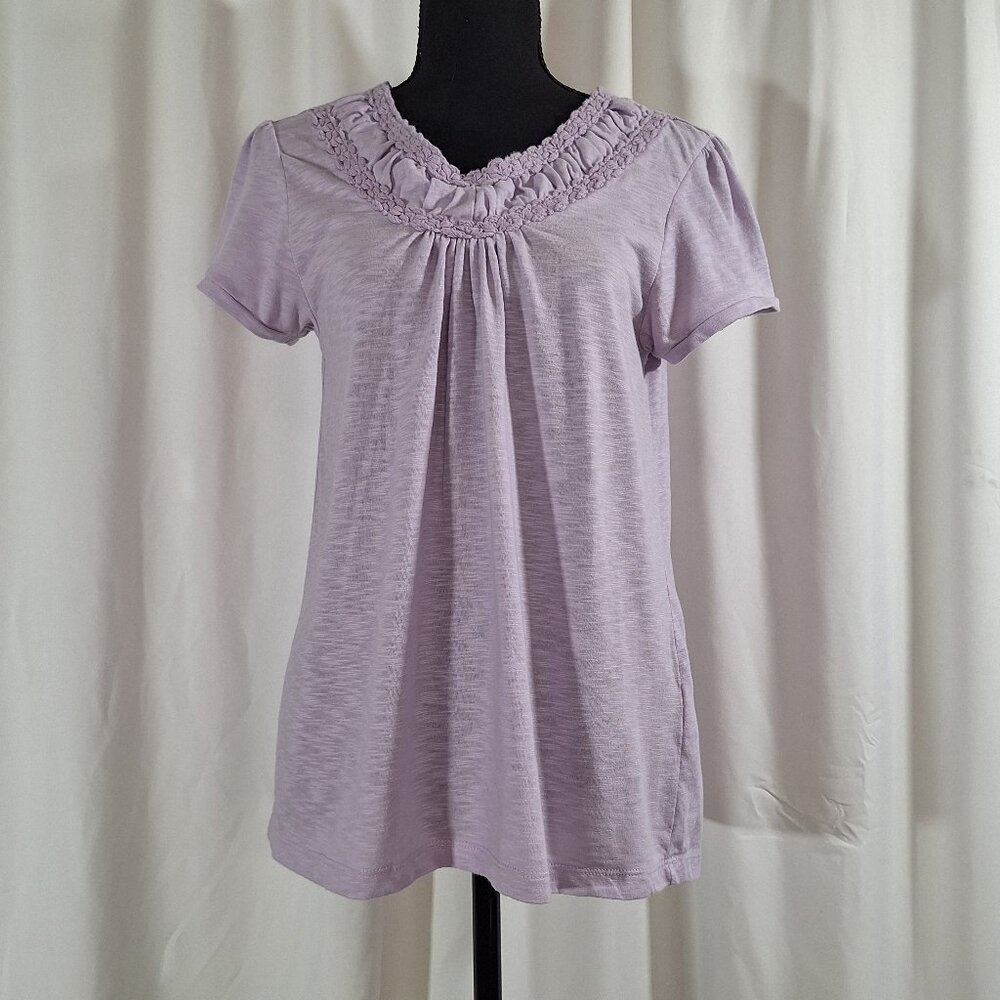 Bit & Bridle Purple Boho Flowy Medium Top Ruched Scoop Neck Knit Short Sleeve